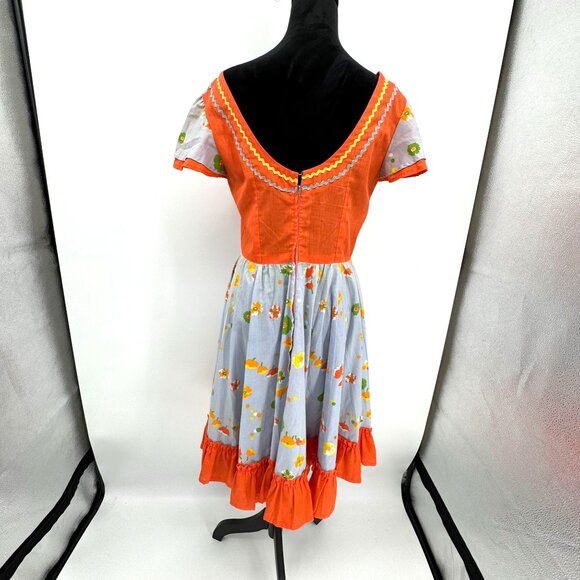 Vintage Handmade Peasant Dress Sweetheart Neckline Orange Floral Print Rick Rack - Picture 5 of 8